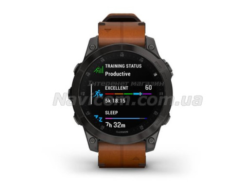 Смарт-годинник Garmin epix (Gen 2) Sapphire чорний титановий з каштановим шкіряним ремінцем