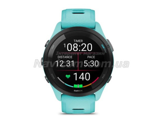 Смарт-годинник Garmin Forerunner 265 з чорним безелем, корпусом кольору аква та аква-чорним силіконовим ремінцем