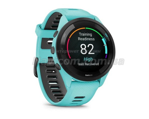 Смарт-годинник Garmin Forerunner 265 з чорним безелем, корпусом кольору аква та аква-чорним силіконовим ремінцем