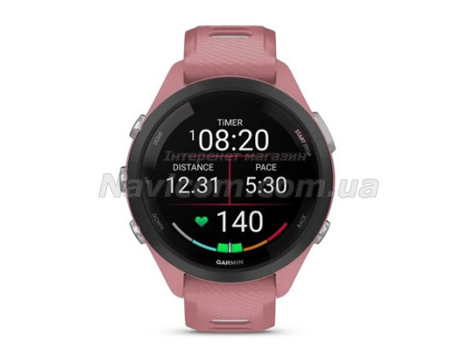 Смарт-годинник Garmin Forerunner 265s з чорним безелем, рожевим корпусом та рожево-сірим силіконовим ремінцем