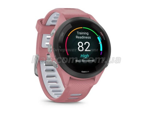 Смарт-годинник Garmin Forerunner 265s з чорним безелем, рожевим корпусом та рожево-сірим силіконовим ремінцем