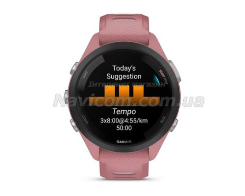 Смарт-годинник Garmin Forerunner 265s з чорним безелем, рожевим корпусом та рожево-сірим силіконовим ремінцем