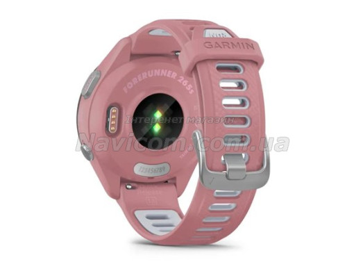 Смарт-годинник Garmin Forerunner 265s з чорним безелем, рожевим корпусом та рожево-сірим силіконовим ремінцем