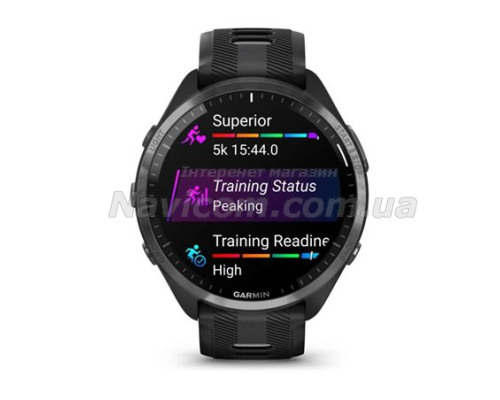 Смарт-годинник Garmin Forerunner 965 з карбоново-сірим титановим безелем, чорним корпусом та чорно-сірим силіконовим ремінцем