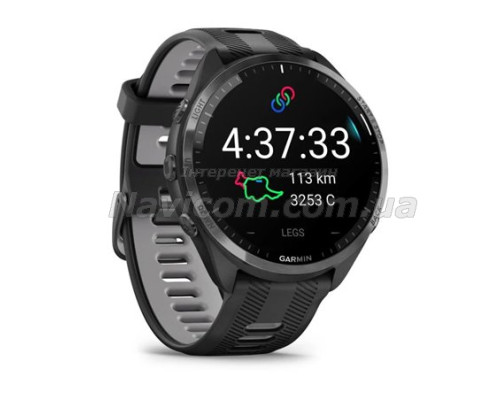 Смарт-годинник Garmin Forerunner 965 з карбоново-сірим титановим безелем, чорним корпусом та чорно-сірим силіконовим ремінцем