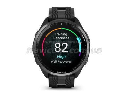 Смарт-годинник Garmin Forerunner 965 з карбоново-сірим титановим безелем, чорним корпусом та чорно-сірим силіконовим ремінцем