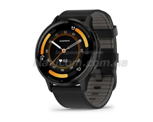 Смарт-годинник Garmin Venu 3 чорний зі сланцевим сталевим безелем і шкіряним ремінцем