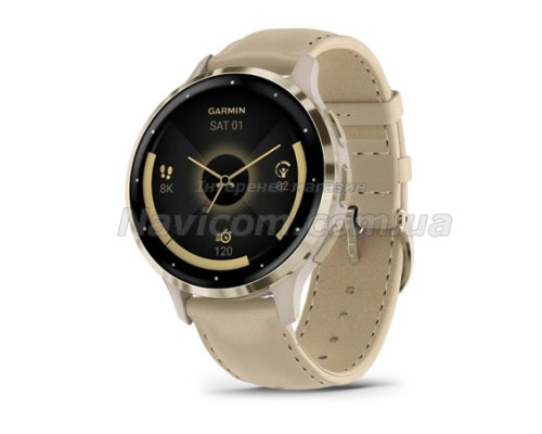Смарт-годинник Garmin Venu 3s французький сірий із золотистим сталевим безелем і шкіряним ремінцем