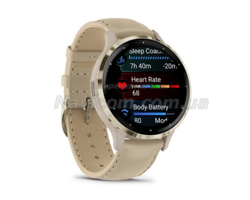Смарт-годинник Garmin Venu 3s французький сірий із золотистим сталевим безелем і шкіряним ремінцем