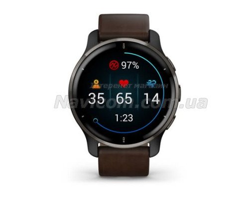 Смарт-годинник Garmin Venu 2 Plus графітовий з коричневим шкіряним ремінцем